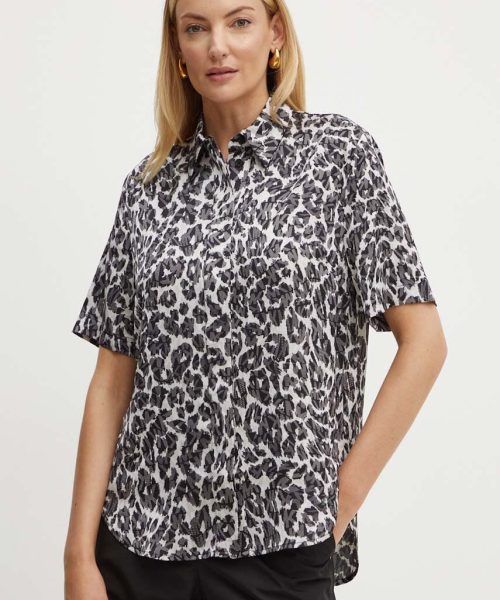 Michael Kors Leopard Logo Print Satin Camp Shirt