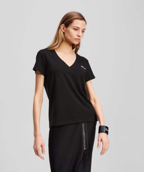 KARL LAGERFELD  LINEN BLEND V-NECK T-SHIRT