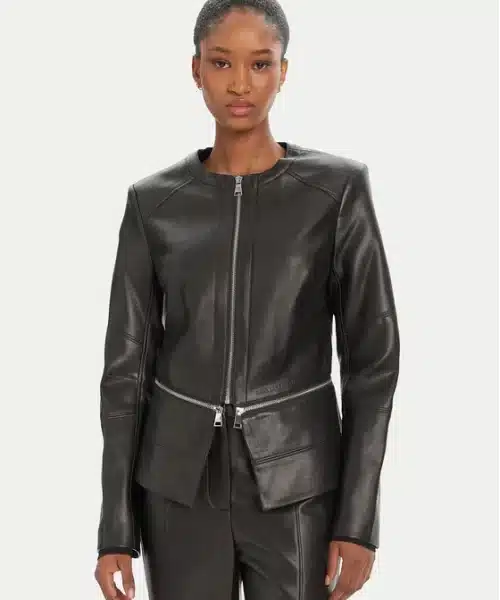 KARL LAGERFELD  FAUX LEATHER ZIP JACKET