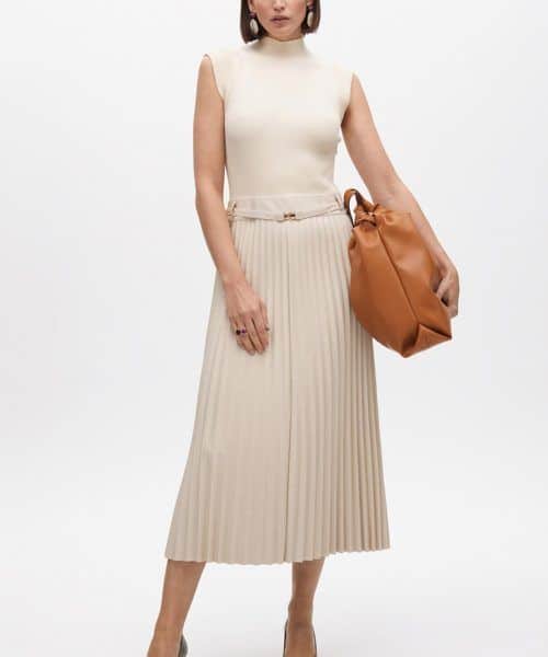 LOLA CASADEMUNT Sleeveless faux leather midi dress with pleated skirt