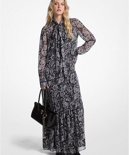 MICHAEL KORS Metallic Paisley Print Georgette Tie-Neck Dress