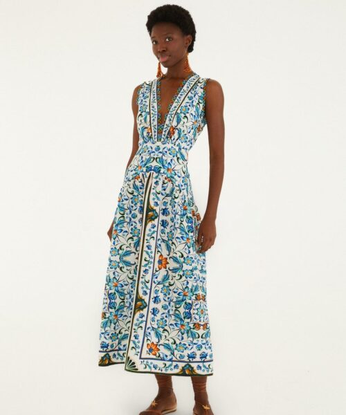 FARM RIO FLORA TILE OFF-WHITE MIDI DRESS