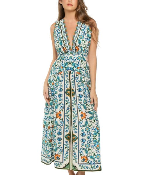 FARM RIO FLORA TILE OFF-WHITE MAXI DRESS