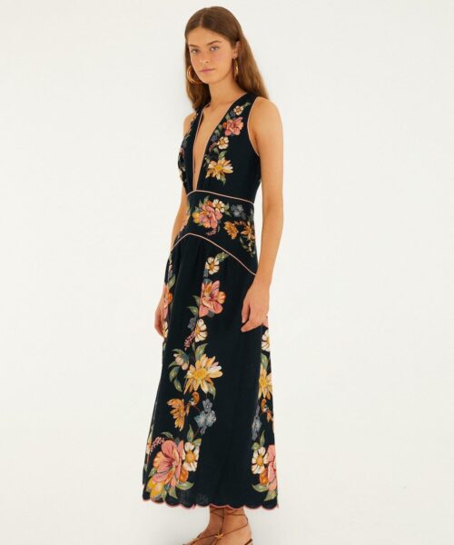 FARM RIO MAIRA FLORAL DARK BLUE MIDI DRESS