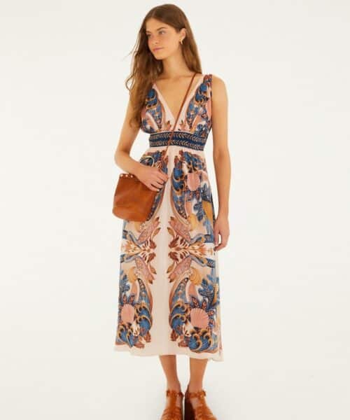 FARM RIO GARDEN SCARF SOFT PINK MIDI DRESS